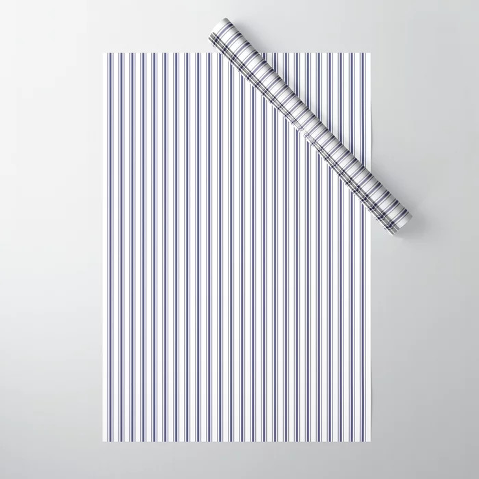 Classic Narrow Midnight Blue mattress Ticking Stripes on White Wrapping Paper | Society6