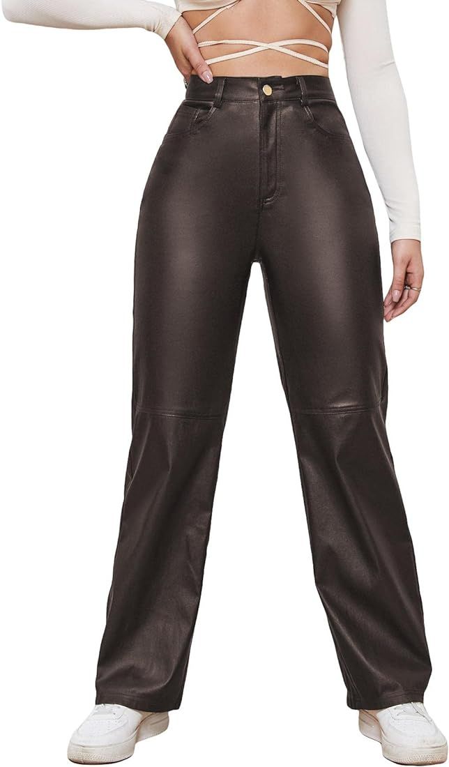 WDIRARA Women's Slant Pocket Straight Leg High Stretch Jeans Leather Look Long Pants | Amazon (US)