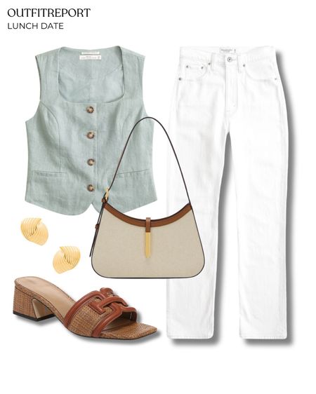White denim jeans green vest top brown heeled sandals demellier handbag and gold earrings 

#LTKbag #LTKstyletip #LTKshoes
