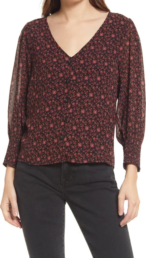 Orchard Floral Smocked Cuff (Re)sourced Georgette Button-Up Top | Nordstrom