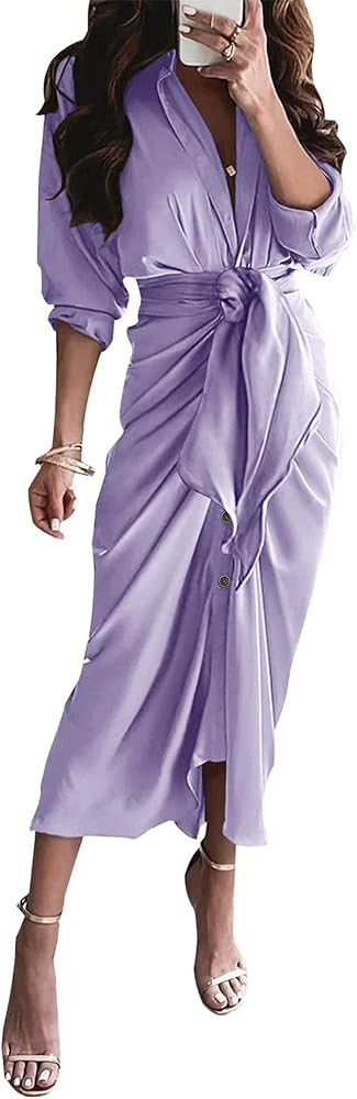 BTFBM Women Long Sleeve Satin Dress 2024 Spring Summer Lapel V Neck Button Down Belted Elegant Ru... | Amazon (US)