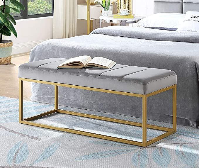 24KF Gray Velvet Upholstered Tufted Channel Bench, Velvet Cushion with Golden Metal Frame -Gray/G... | Amazon (US)