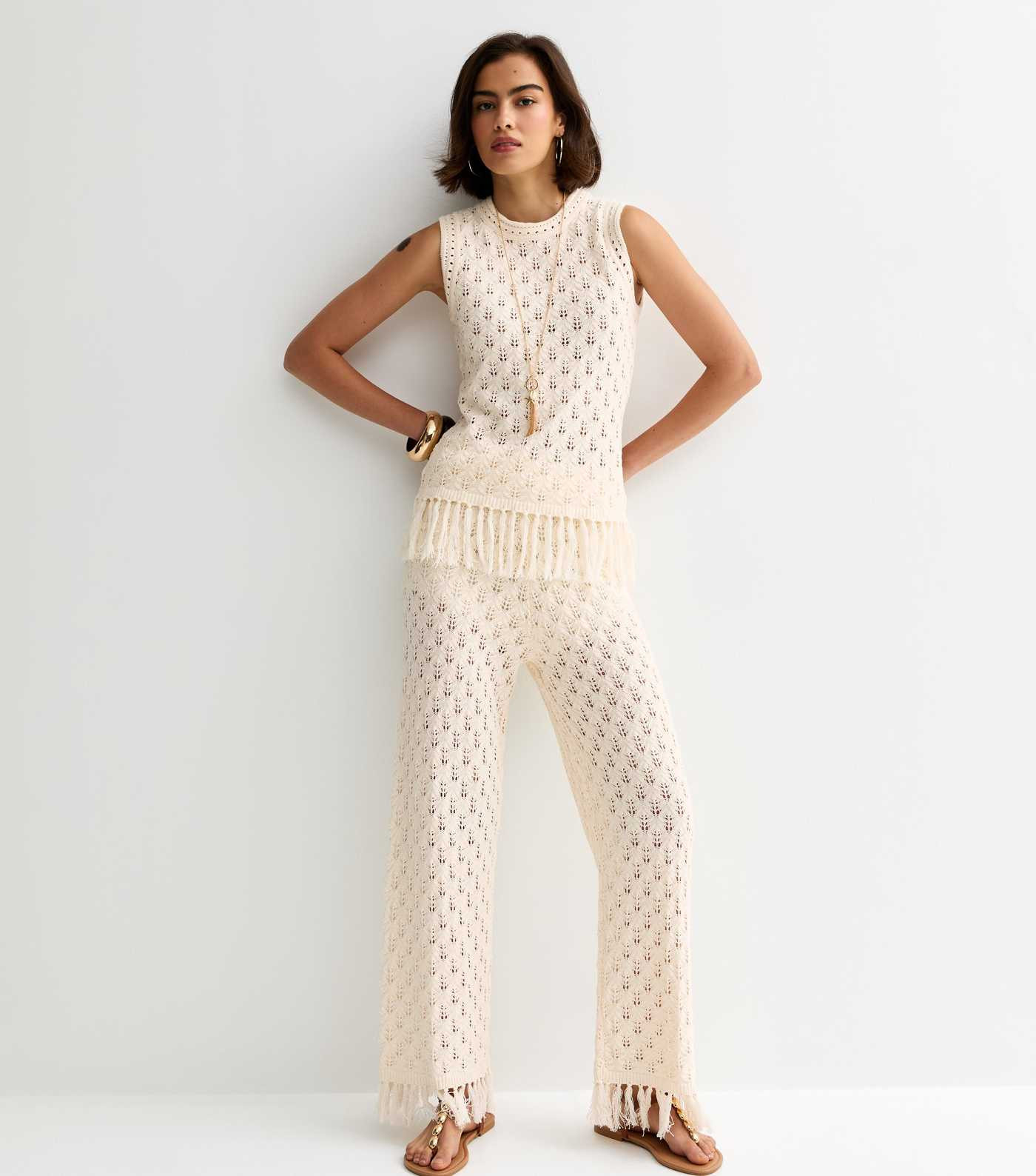 Cream Cotton Rich Knit Tassel Hem Wide Leg Trousers | New Look | New Look (UK)