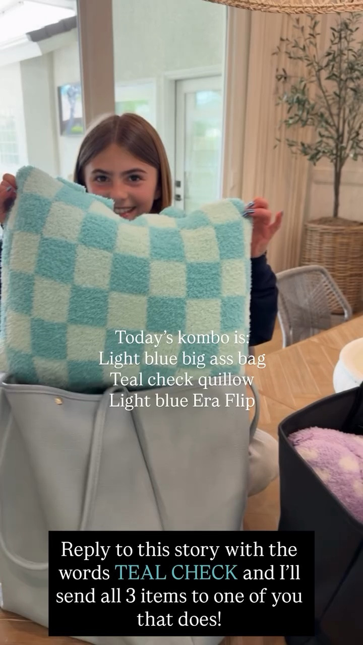 Today’s kombo is:
Light blue big ass bag 
Teal check quillow 
Light blue Era Flip Reply to this story with the words TEAL CHECK and I’ll send all 3 items to one of you that does!