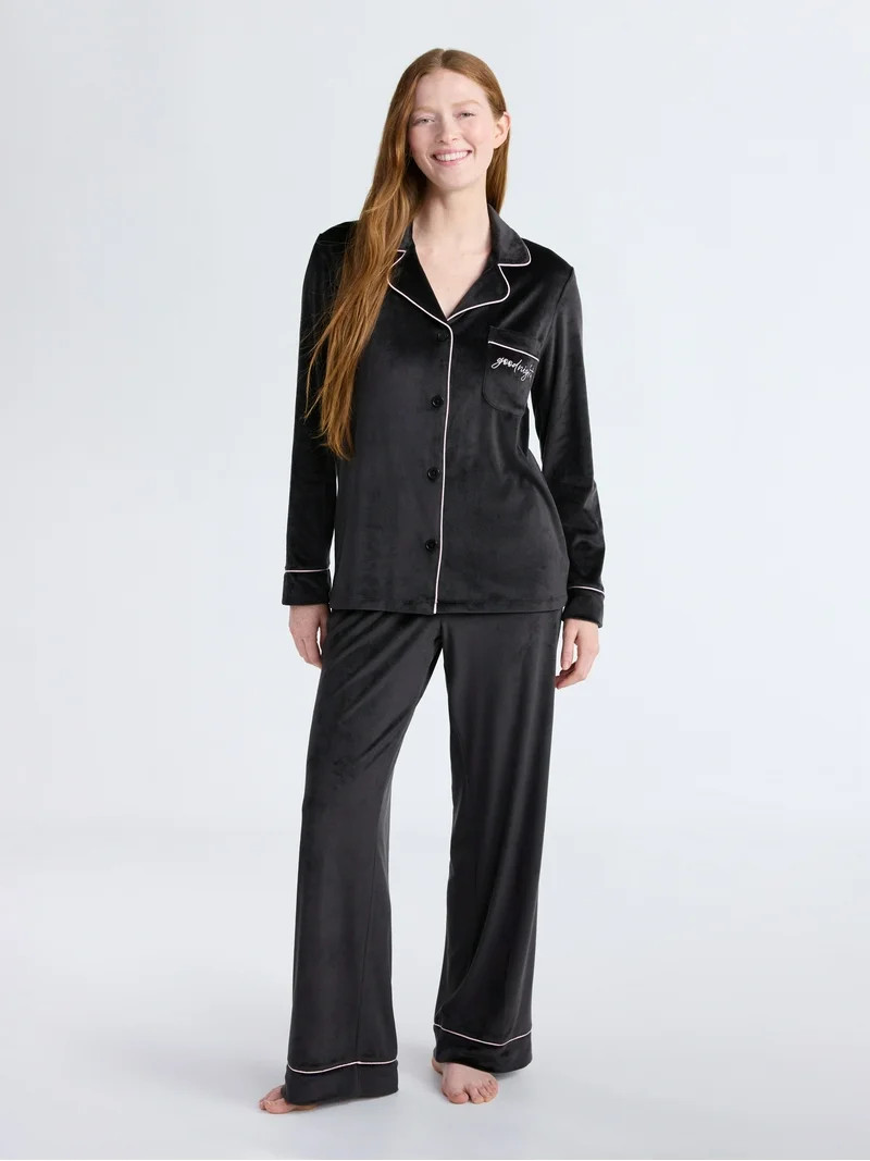 Joyspun Women’s Stretch Velour Notch Collar Long Sleeve Pajama Set, Sizes XS to 4X | Walmart (US)