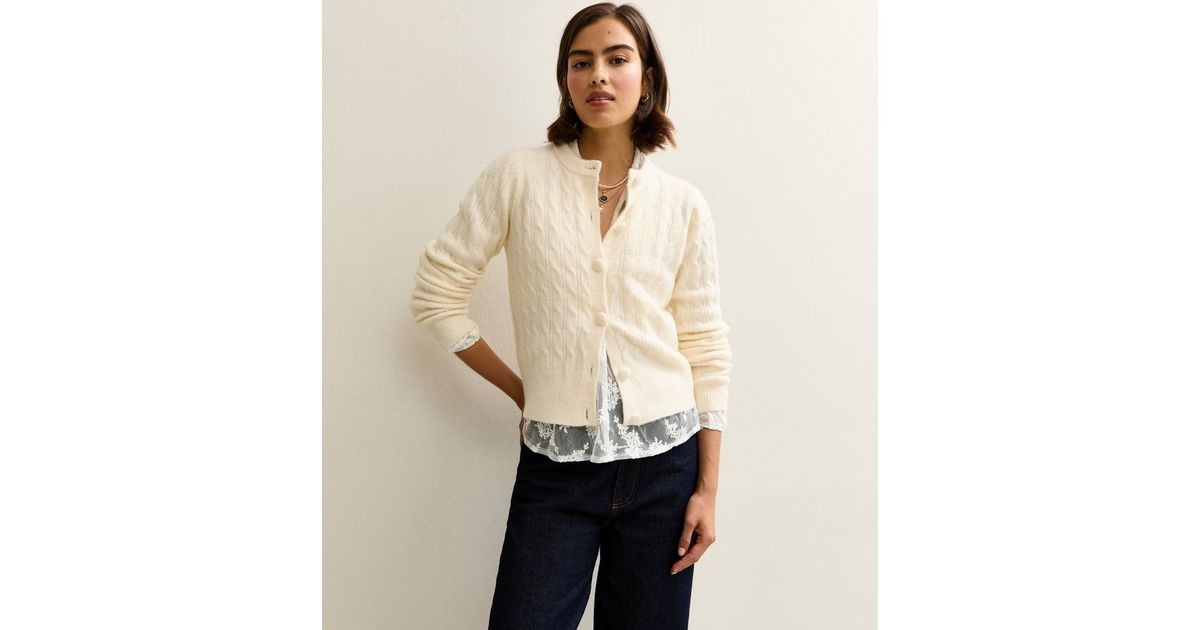 Cream Cable Knit Crew Neck Cardigan | New Look | New Look (UK)