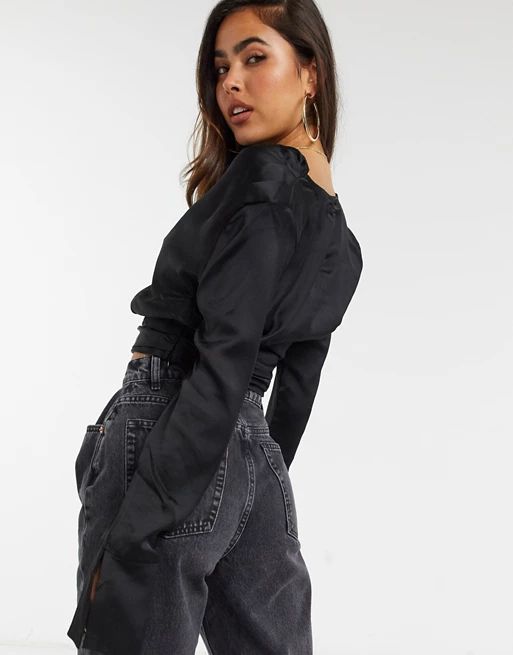 4th + Reckless satin high neck cowl front long sleeve blouse in black | ASOS (Global)