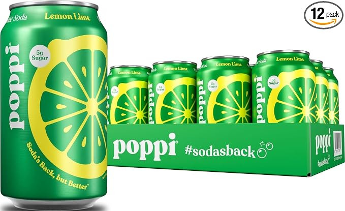 Poppi Prebiotic Soda, Sparkling Water & Fruit Juice, Lemon Lime, 12 Oz, 12 Pack | Amazon (US)