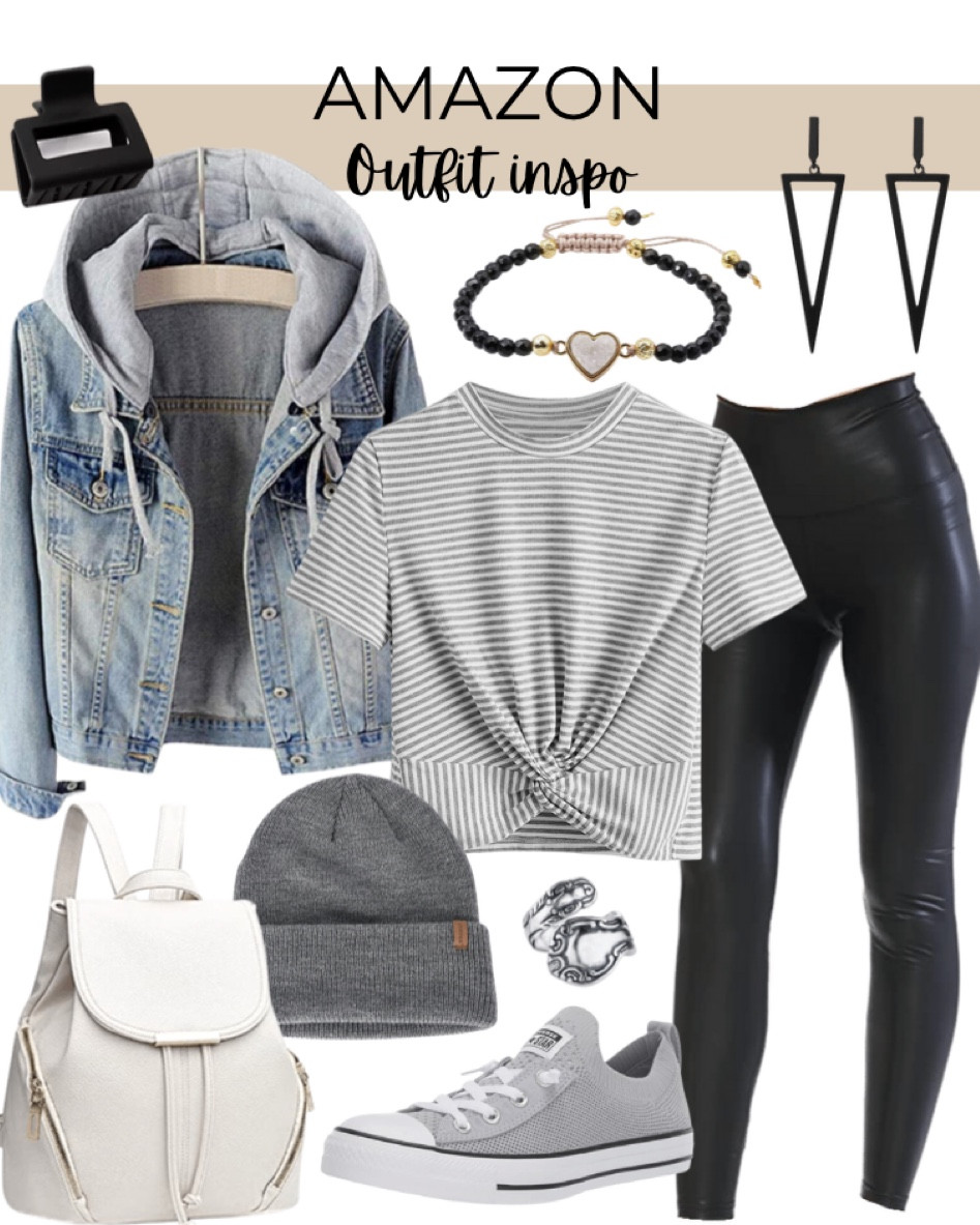 Amazon fall into winter outfit inspiration includes a striped knotted shirt, faux leather leggings, jean jacket with grey hood, heart black bracelet, triangle dangle earrings, hair clip, beanie, backpack purse, silver spoon ring, and grey converse shoes.

Outfit inspiration, fall fit, fall outfit, fall outfit inspo, winter outfit, comfy outfit, Amazon finds, affordable clothing

#LTKfit #LTKstyletip #LTKunder50
