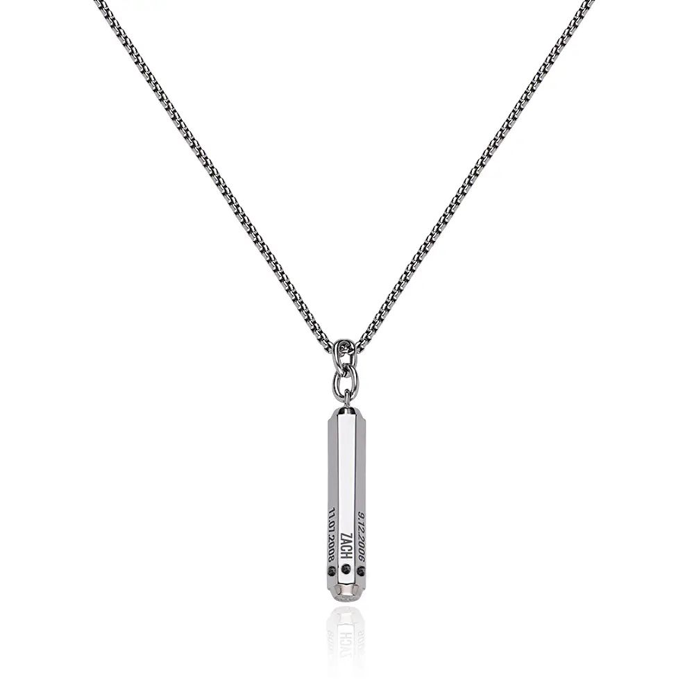 3D Engraved Hexagon Bar Necklace with Diamond in Stainless Steel for Men | MYKA