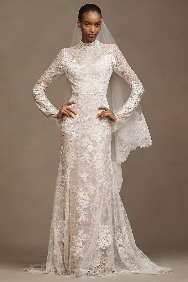 Frances High-Neck Lace Sheath Wedding Gown | Anthropologie (US)