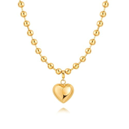 PEARLADA Statement Gold Plated Heart Pendant Necklace, Chunky Beaded Ball Chain Necklace, Trendy Jewelry y2k Necklace | Amazon (US)