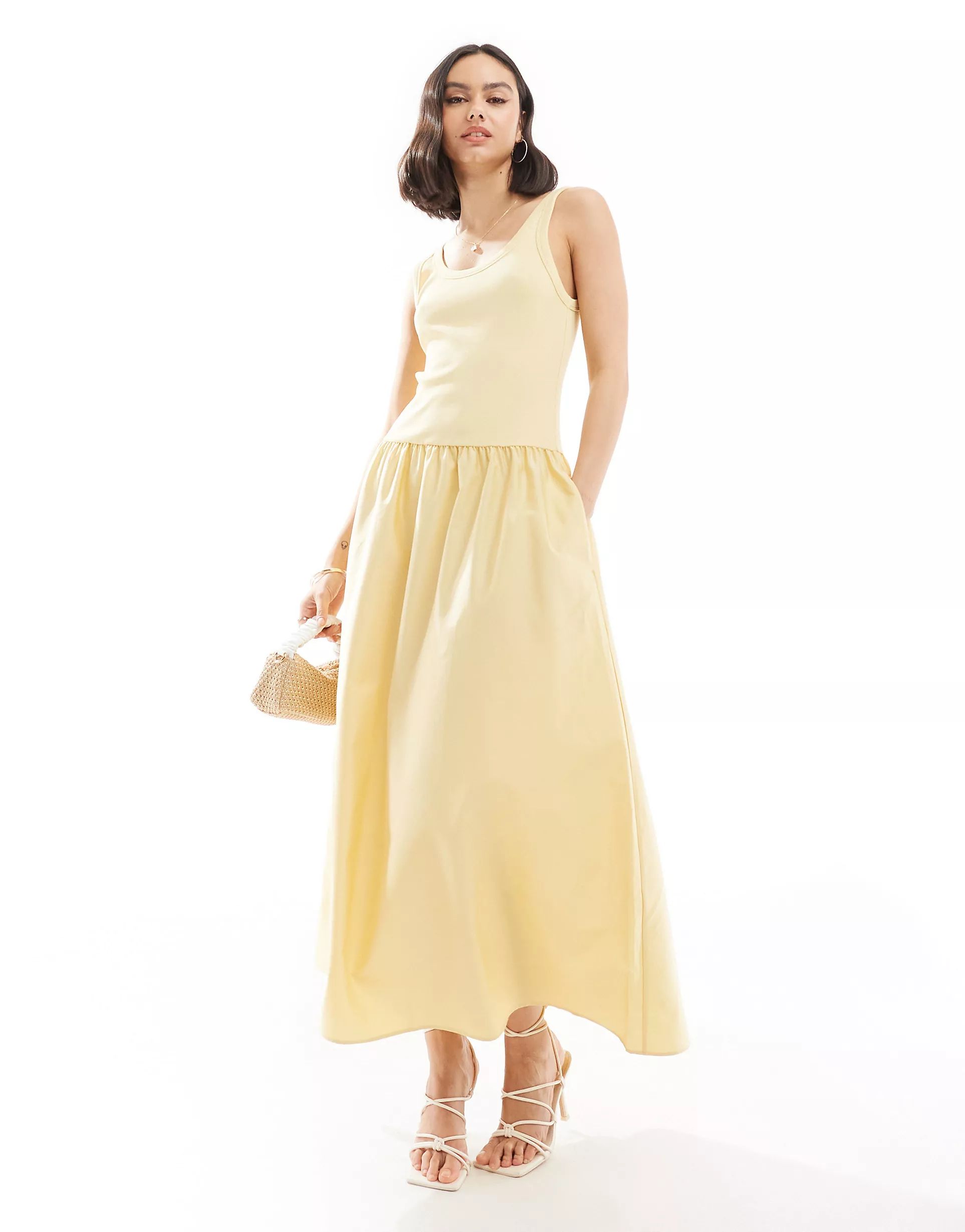 & Other Stories sleeveless maxi dress with volume hem in soft yellow mixed jersey and woven fabri... | ASOS (Global)