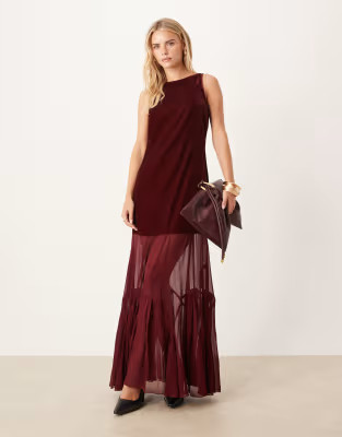 ASOS DESIGN Petite drop waist velvet maxi dress with sheer godet skirt in burgundy | ASOS (Global)