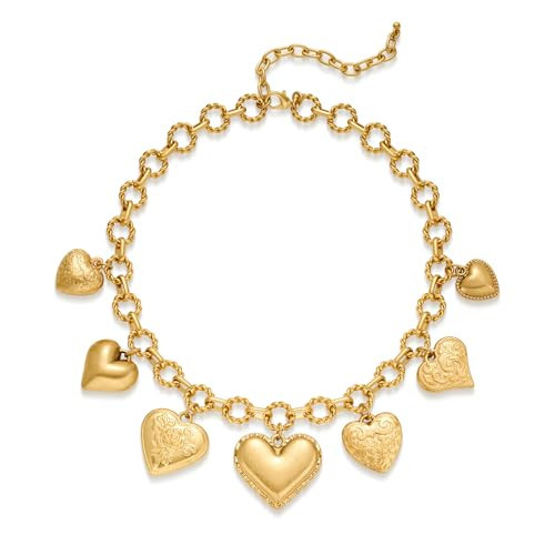 ENSKEFEN Chunky Heart Charm Necklaces for Women Vintage Gold Chain Necklace with Seven Textured Heart Pendants Retro Puffy Love Necklace Statement Jewelry | Amazon (US)