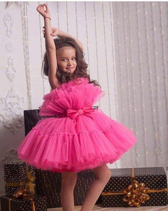 Barbie style ruffled tulle dress for girl, hot pink off shoulders party baby dress, neon pink dre... | Etsy (US)