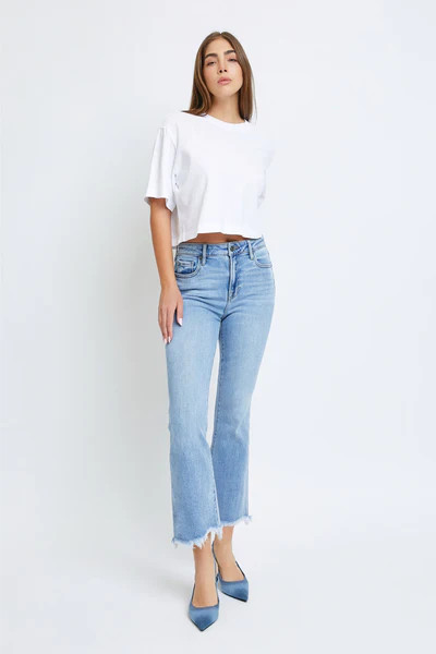 [HAPPI] MEDIUM WASH CLEAN FRAYED HEM STRETCH CROP FLARE | Hidden Jeans