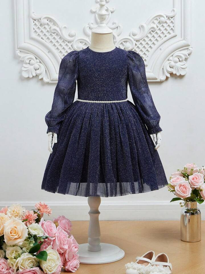 SHEIN Young Girl Glitter Flare Sleeve Mesh Overlay Dress Without Belt | SHEIN