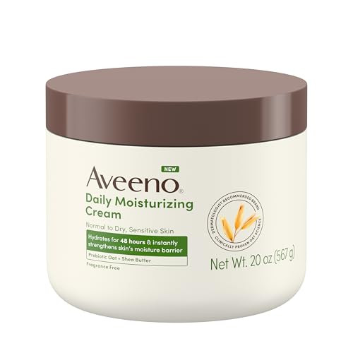 Aveeno Daily Moisturizing Cream with Prebiotic Oat & Shea Butter, Body, Face & Hand Cream for Normal to Dry, Sensitive Skin Hydrates for 48 Hours, Fragrance Free & Non-Comedogenic, 20 Oz | Amazon (US)