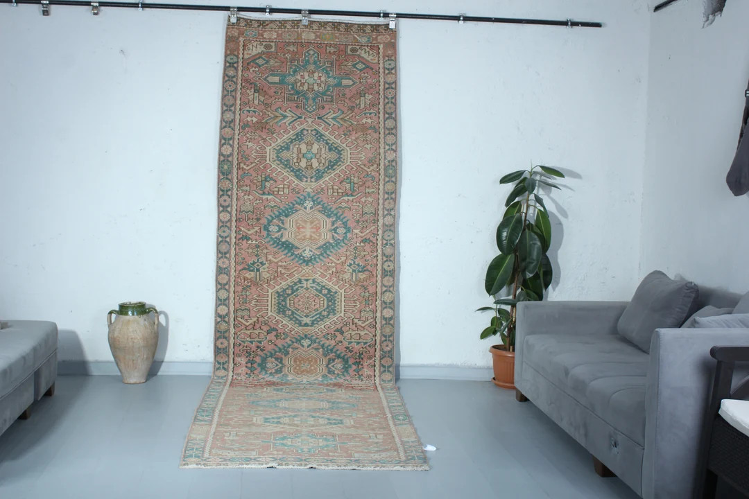 Rug Runner Vintage, Long Oushak Runner, Area Rug 3'5x13' Feet, Pink Runner, Hallway Runner, Entrw... | Etsy (US)