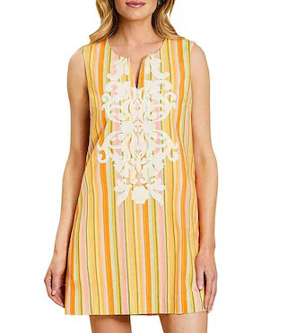 Mestiza New York Belize Stripe Embroidered Split V-Neck Sleeveless Shift Mini Dress | Dillard's | Dillard's