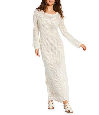 x Cyd Morris The Birdie Crochet Floral Appliques Boat Neck Long Sleeve Maxi Dress | Dillard's