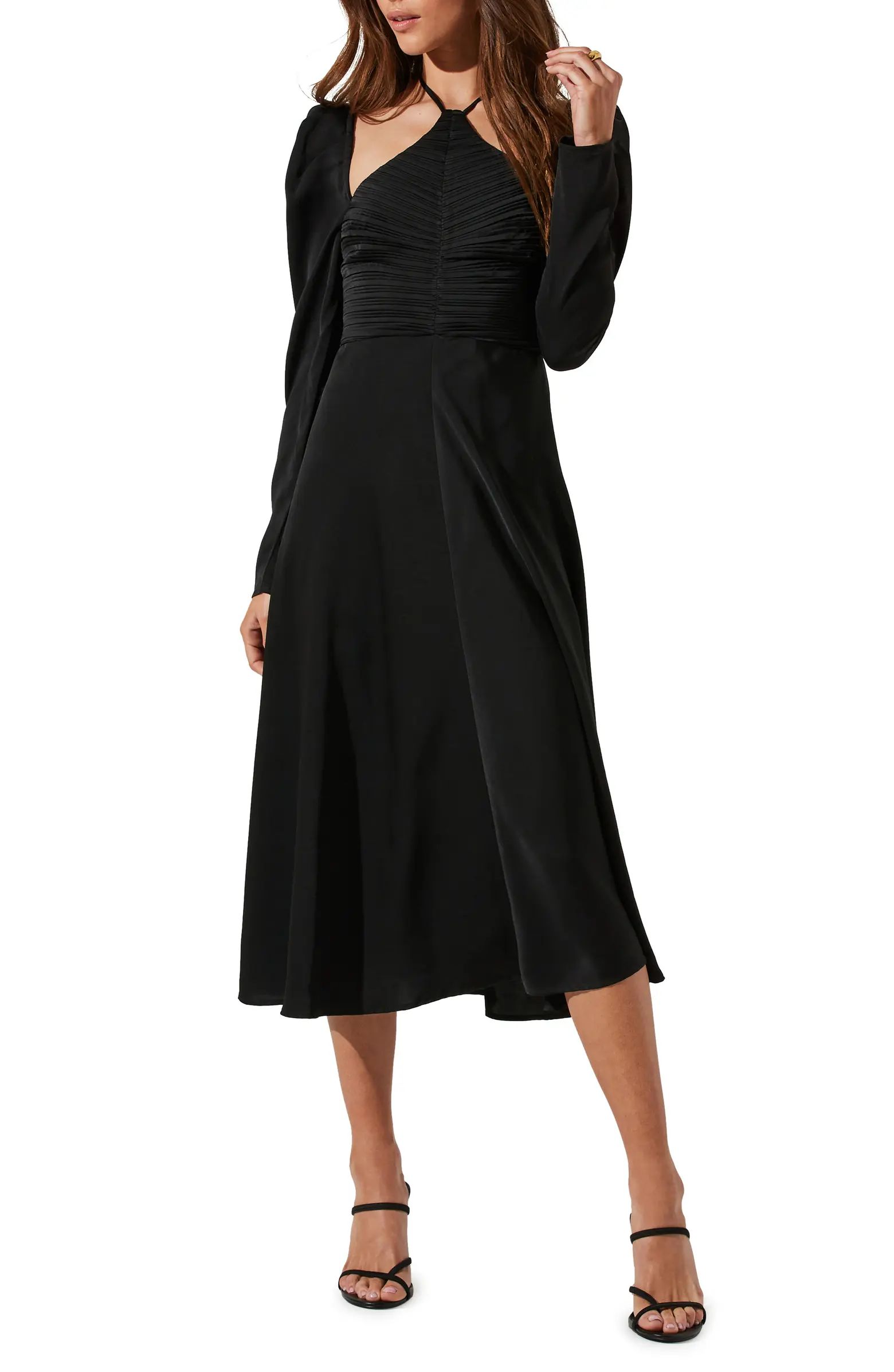 Cinch Halter Neck Long Sleeve Midi Dress | Nordstrom