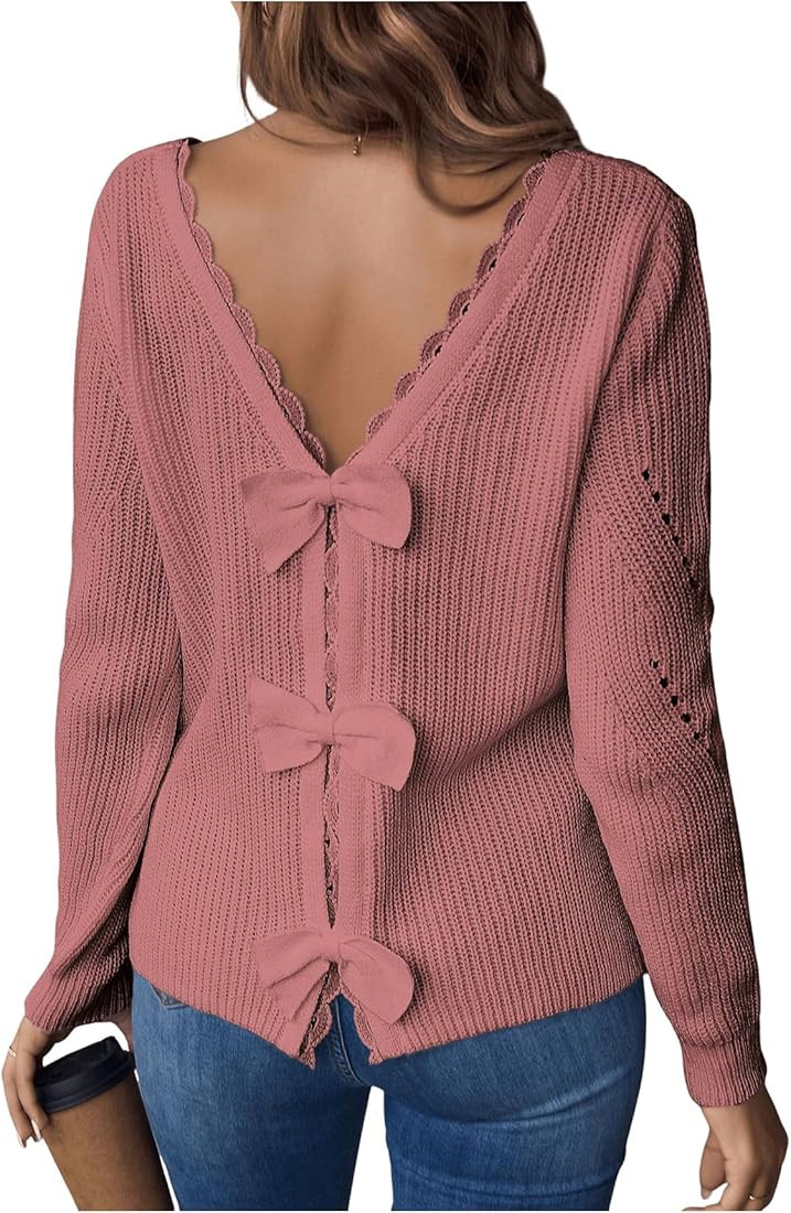 SOLY HUX Women's Sweaters Lace Bow Back Long Sleeve V Neck Pullover Casual Jumper Tops | Amazon (US)