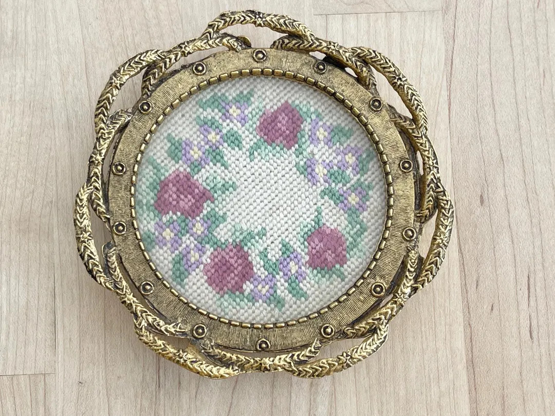 Vintage Needlepoint in Circular Metal Frame With Glass - Etsy | Etsy (US)