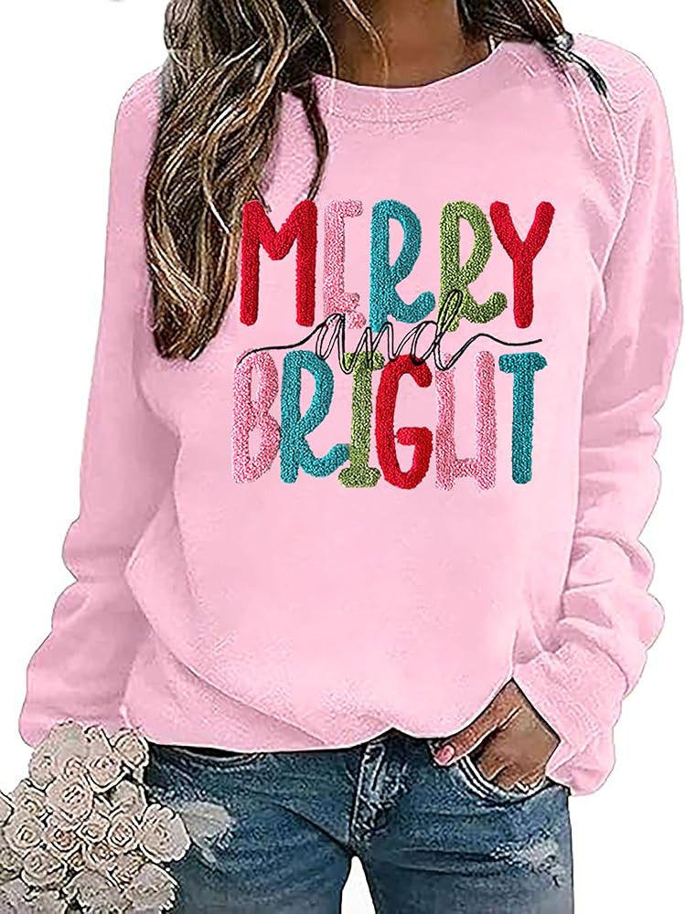 Christmas Sweatshirt Women Merry And Bright Christmas Pullover Shirt Novelty Chenille Patch Xmas ... | Amazon (US)