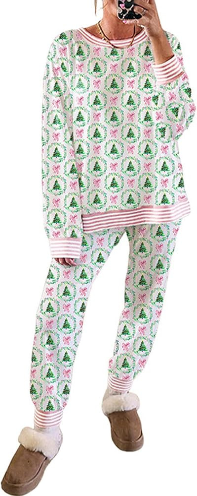 Christmas Trees And Bows Pajama Set，Women Casual Cute Christmas Pajamas Party Loungewear，Chri... | Amazon (US)