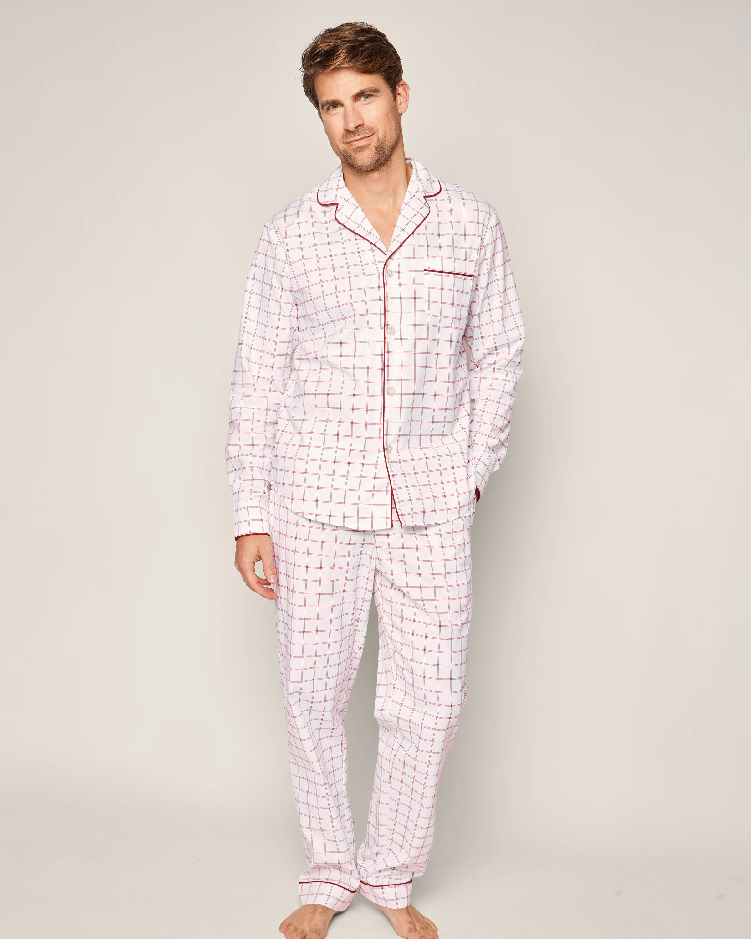 Men's Twill Pajama Set in Garnet Tattersall | Petite Plume