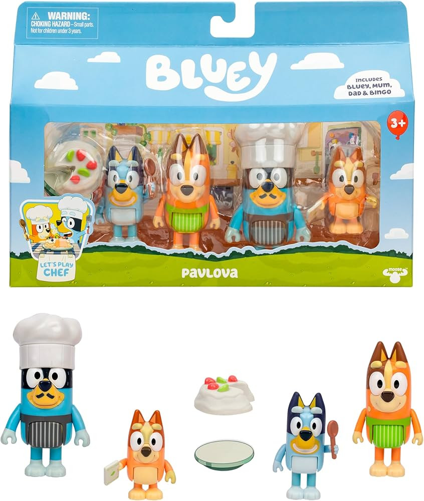 Bluey 4-Pack Toy Figure Playset, Let’s Play Chef Pavlova Toddler Figurine Toys Set with Chef Ac... | Amazon (US)