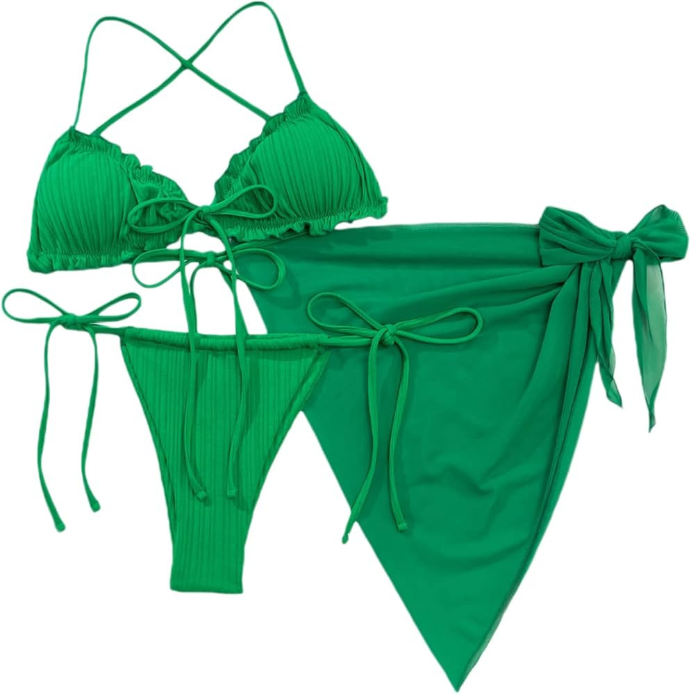 SOLY HUX Women's 3 Piece Swimsuits Triangle Bikini Set Bathing Suits with Mesh Cover Up Beach Ski... | Amazon (US)