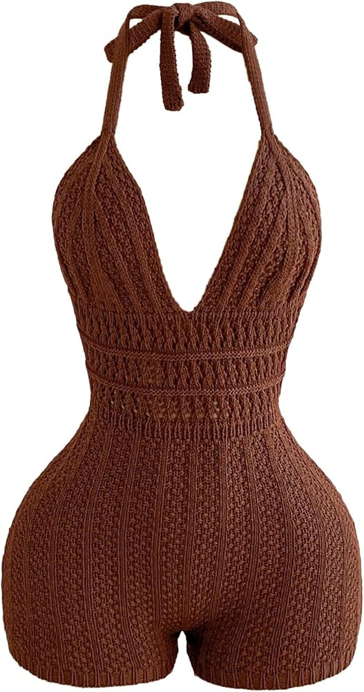 WDIRARA Women's Boho Hollow Out Tie Backless Halter Jumpsuits Deep V Neck Knit One Piece Romper | Amazon (US)