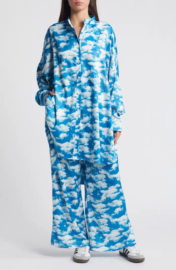 Dressed in Lala Secret Sky Society Oversize Satin Button-Up Shirt & Pants Set | Nordstrom | Nordstrom