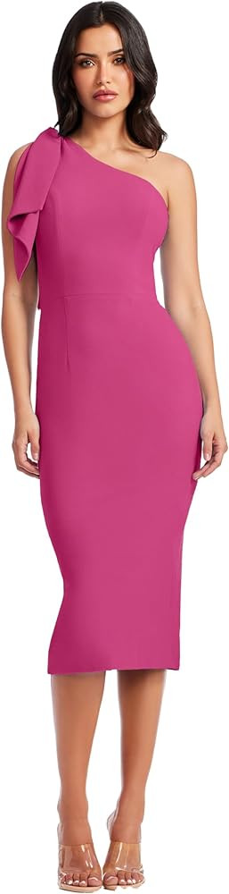 Dress the Population womens Tiffany One Shoulder Bow Detail Midi Sheath Dress | Amazon (US)