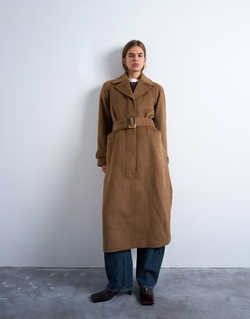 Topshop – Eleganter Longline-Mantel in Kamelbraun mit Wollanteil und Gürtel-Neutral | ASOS (Global)