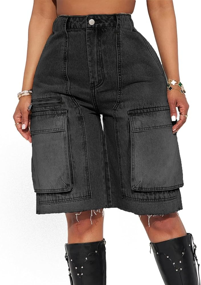 Women's High Waist Denim Shorts Straight Leg Raw Hem Jean Shorts Summer Hot Pants with Pockets | Amazon (US)