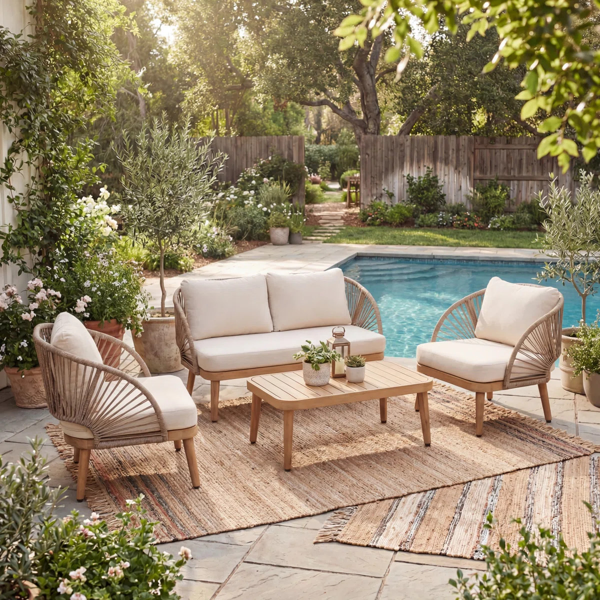 Harper Outdoor 4-Piece Acacia Wood Conversation Set With Cushions & Slatted Top | Wayfair North America