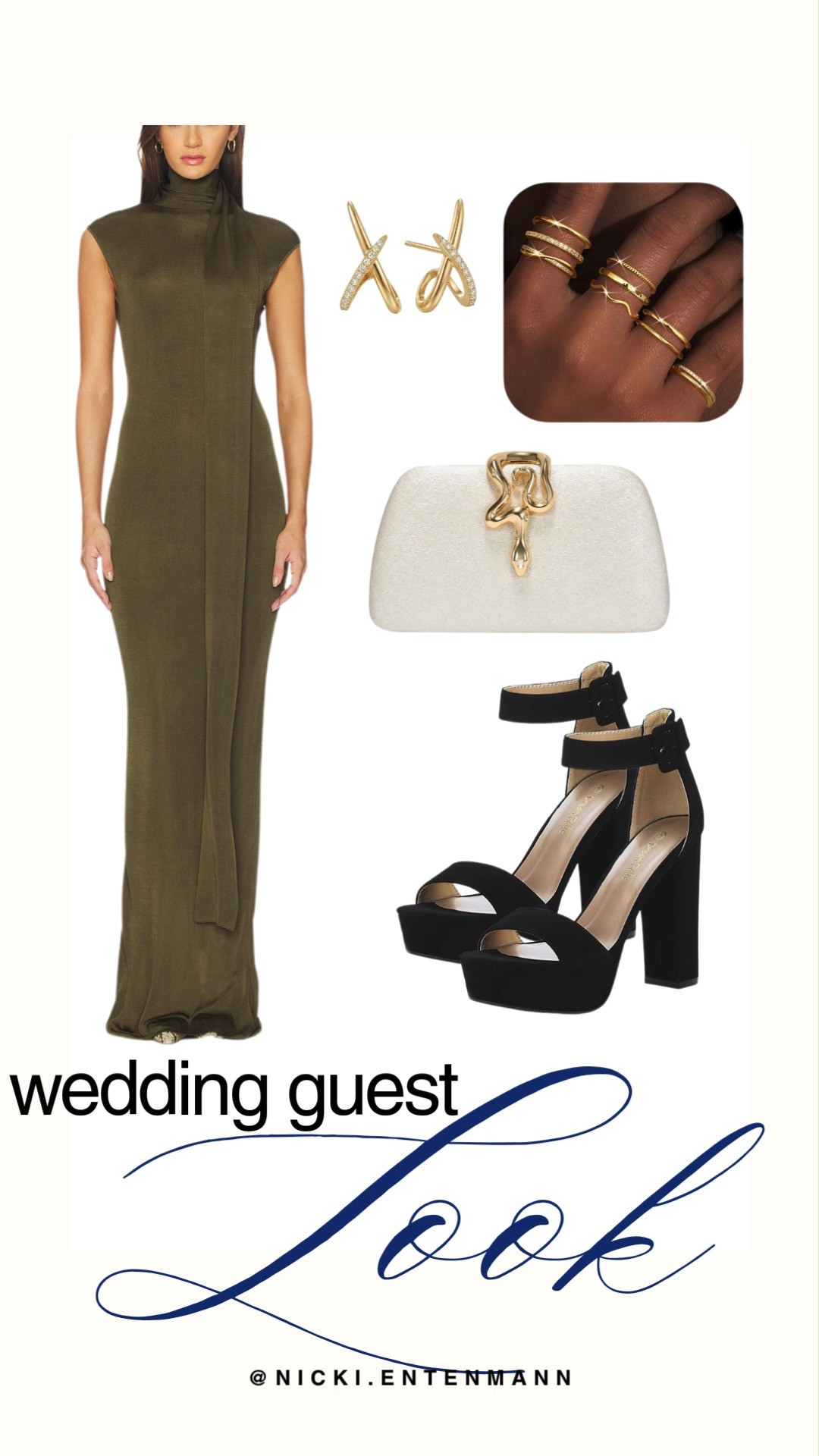 Elevate your formal style with this stunning olive green maxi dress that is perfect for any upcoming special occasion. Pair it with chic chunky black platform sandals and an elegant ivory clutch featuring an eye-catching gold statement clasp. Finish off the ensemble with delicate gold stacking rings and unique crisscross earrings to pull the entire sophisticated outfit together.

#weddingguestoutfit #weddinggueststyle #formalwear #maxidress #eveninglook #summerwedding #accessoriesoftheday #ootdinspo #stylediary #chicfashion 

 #LTKootd #LTKSaleAlert #LTKWedding