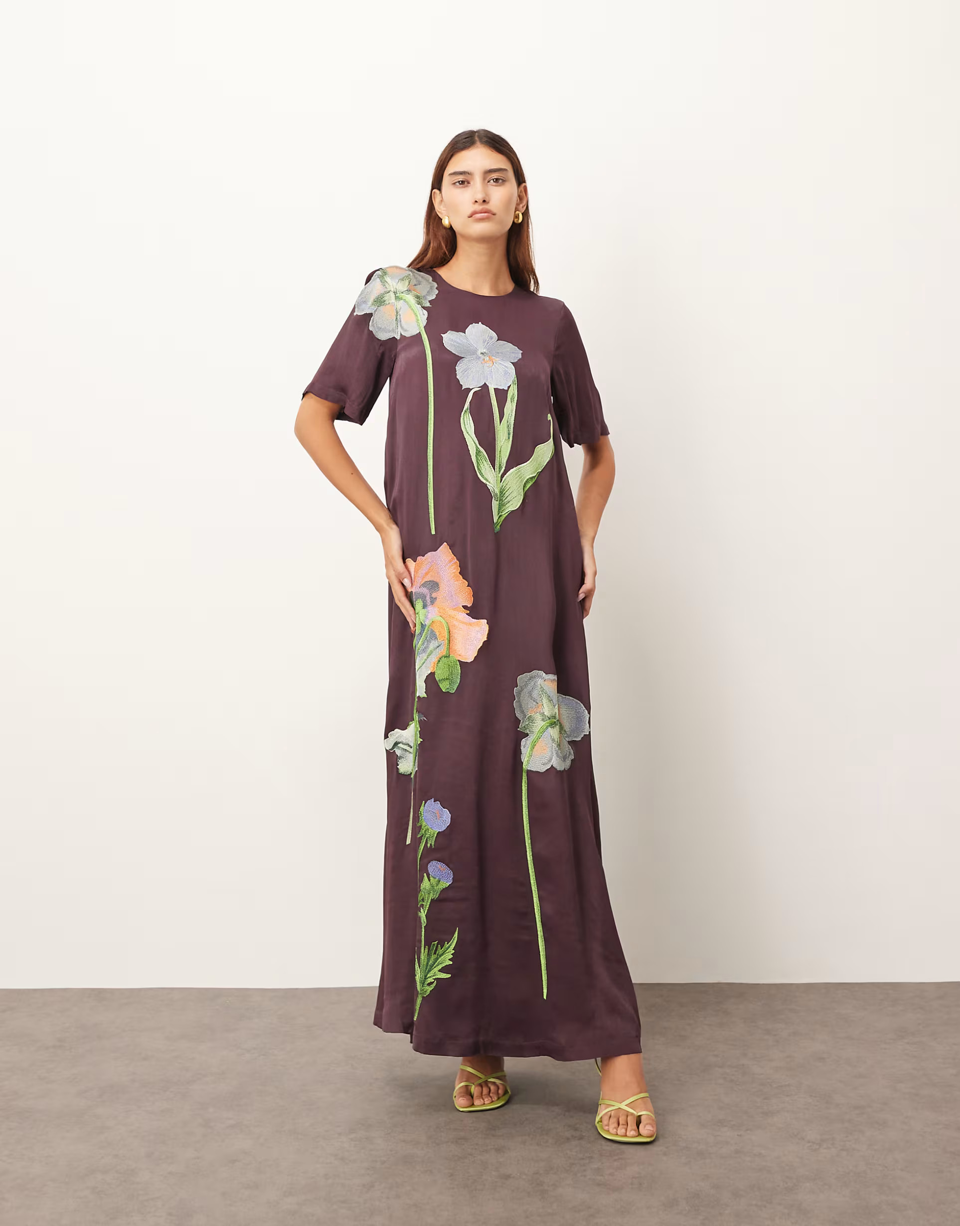 ARRANGE satin floral embroidered t-shirt maxi dress in chocolate | ASOS (Global)