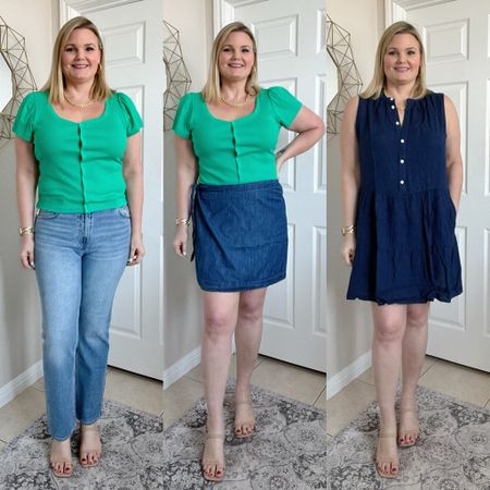 GAP try on haul! Green top in size large, jeans in size 31 regular, skirt is XL Tall but it’s too loose, dress is large but runs big  

#LTKover40 #LTKstyletip #LTKmidsize