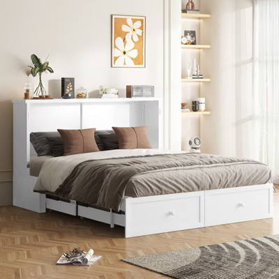 Mjkone Modern Queen Size Murphy Bed with Mattress, USB ports,2 Drawers-White | Target