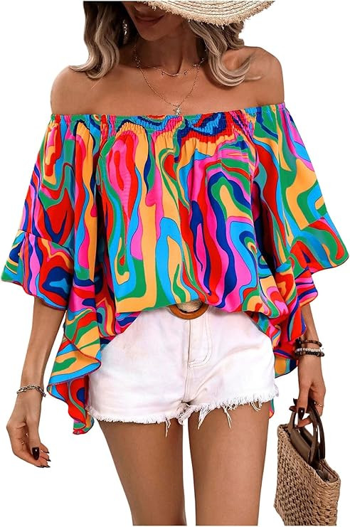 GORGLITTER Women's Off The Shoulder Tops Boho Asymmetrical 3/4 Sleeve Ruffle Colorful Blouses Shi... | Amazon (US)
