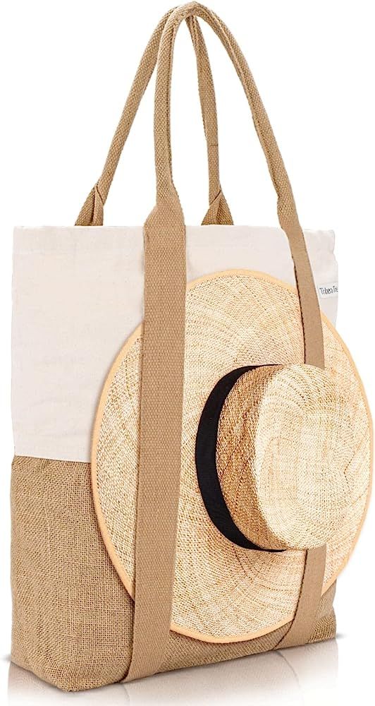 Beach Bag - Large Woven Beach Tote Bag - Boho Chic Travel Tote Bag With Hat Holder Strap | Amazon (US)