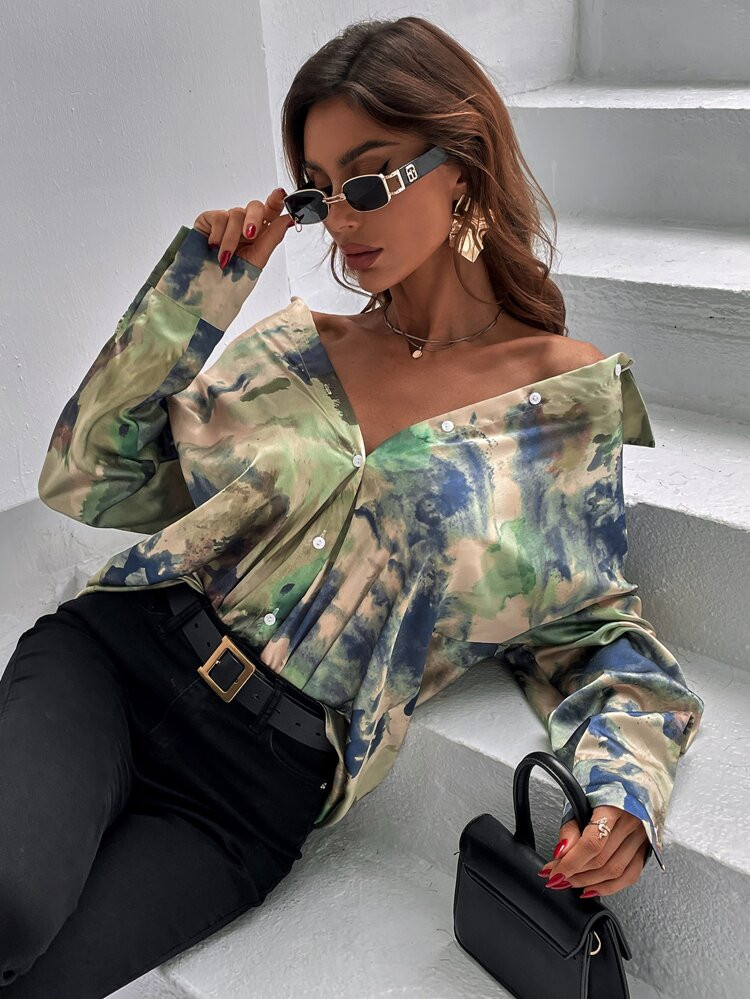 SHEIN Unity Shirt mit Batik, Knopf vorne | SHEIN