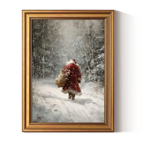 ARPEOTCY Framed Canvas Wall Art, 12x16 Inch Vintage Santa Claus Print, Snowy Forest Christmas Oil Painting Wall Decor for Living Room, Fireplace, or Holiday Home Decoration | Amazon (US)