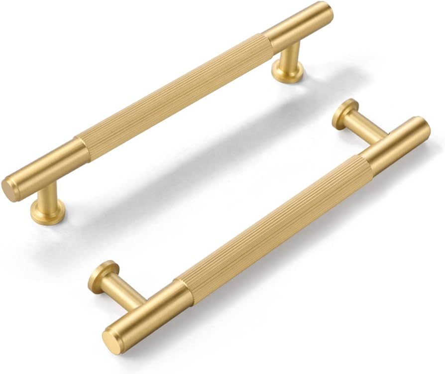 SALISENG-5 Pack Brushed Gold Cabinet Handles, Solid Brass Kitchen Drawer Pulls, 5 Inches Furnitur... | Amazon (US)