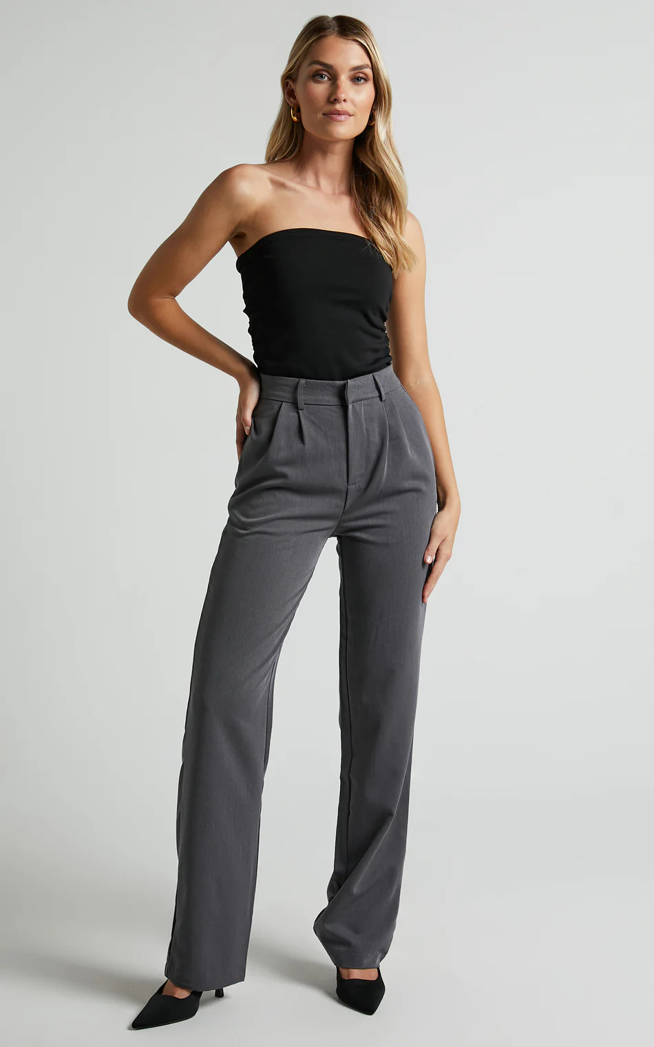 Lorcan Pants - High Waisted Tailored Pants in Charcoal | Showpo (US, UK & Europe)